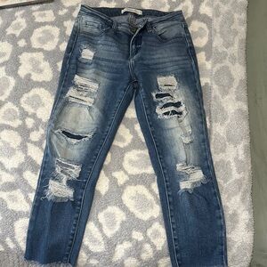 Buckle Ripped Blue Ankle Jeans